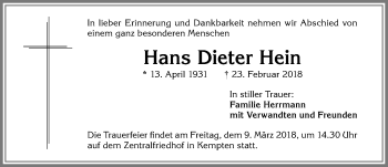 Traueranzeige von Hans Dieter Hein von Allgäuer Zeitung,Kempten