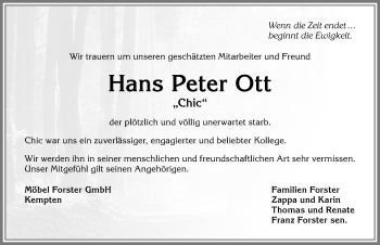 Traueranzeige von Hans Peter Ott von Allgäuer Zeitung,Kempten