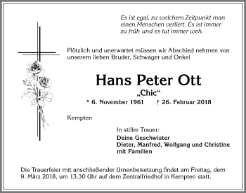 Traueranzeige von Hans Peter Ott von Allgäuer Zeitung,Kempten