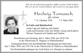 Traueranzeige von Hedwig Tomasch von Allgäuer Zeitung, Marktoberdorf