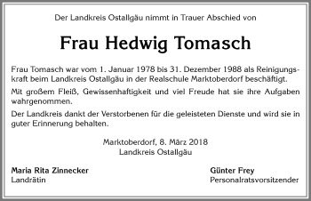 Traueranzeige von Hedwig Tomasch von Allgäuer Zeitung, Marktoberdorf