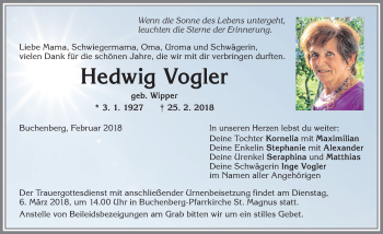 Traueranzeige von Hedwig Vogler von Allgäuer Zeitung,Kempten