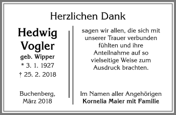 Traueranzeige von Hedwig Vogler von Allgäuer Zeitung,Kempten