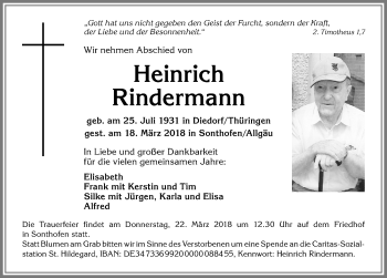 Traueranzeige von Heinrich Rindermann von Allgäuer Anzeigeblatt