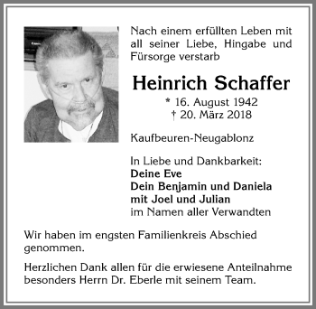 Traueranzeige von Heinrich Schaffer von Allgäuer Zeitung,Kempten