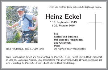 Traueranzeige von Heinz Eckel von Allgäuer Anzeigeblatt