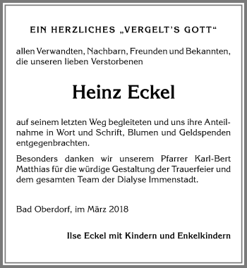 Traueranzeige von Heinz Eckel von Allgäuer Anzeigeblatt