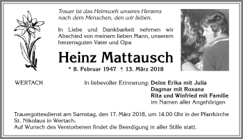 Traueranzeige von Heinz Mattausch von Allgäuer Anzeigeblatt