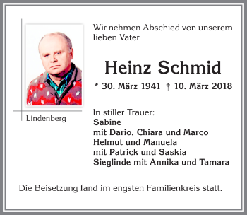 Traueranzeige von Heinz Schmid von Allgäuer Zeitung, Kaufbeuren/Buchloe