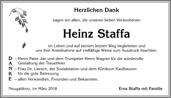 Traueranzeige von Heinz Staffa von Allgäuer Zeitung, Kaufbeuren/Buchloe