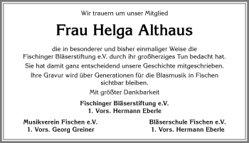 Traueranzeige von Helga Althaus von Allgäuer Anzeigeblatt
