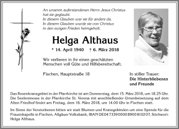 Traueranzeige von Helga Althaus von Allgäuer Anzeigeblatt