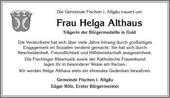 Traueranzeige von Helga Althaus von Allgäuer Anzeigeblatt