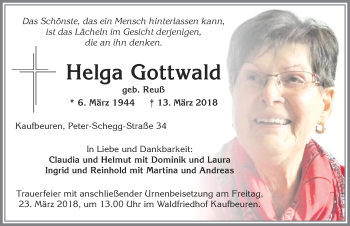 Traueranzeige von Helga Gottwald von Allgäuer Zeitung, Kaufbeuren/Buchloe