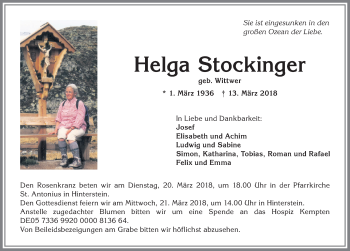 Traueranzeige von Helga Stockfinger von Allgäuer Anzeigeblatt