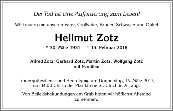 Traueranzeige von Hellmut Zotz von Allgäuer Zeitung, Marktoberdorf