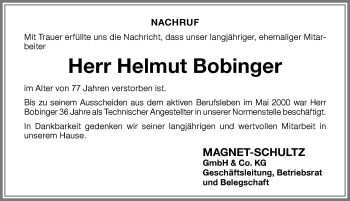 Traueranzeige von Helmut Bobinger von Memminger Zeitung