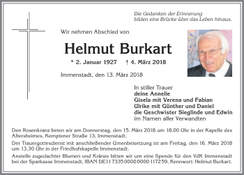 Traueranzeige von Helmut Burkart von Allgäuer Anzeigeblatt