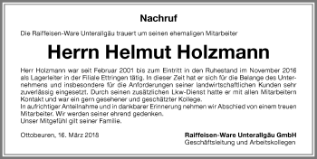 Traueranzeige von Helmut Holzmann von Memminger Zeitung