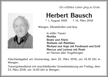 Traueranzeige von Herbert Bausch von Allgäuer Zeitung,Kempten