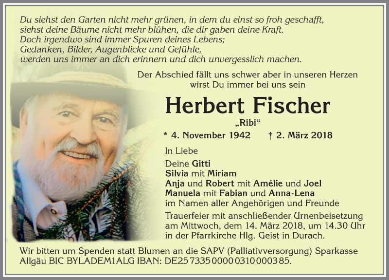  Traueranzeige für Herbert Fischer vom 10.03.2018 aus Allgäuer Zeitung,Kempten