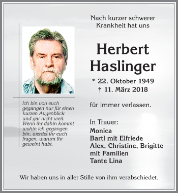 Traueranzeige von Herbert Haslinger von Allgäuer Zeitung,Kempten