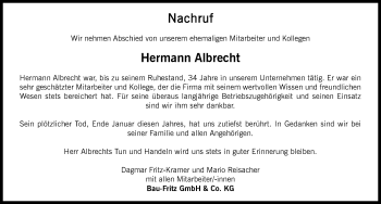 Traueranzeige von Hermann Albrecht von Memminger Zeitung
