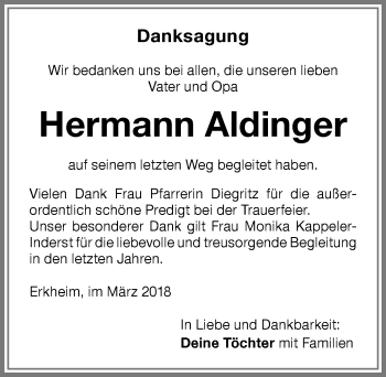 Traueranzeige von Hermann Aldinger von Memminger Zeitung
