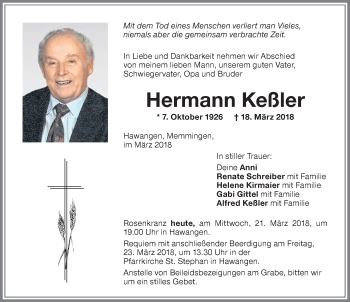 Traueranzeige von Hermann Keßler von Memminger Zeitung