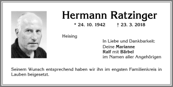 Traueranzeige von Hermann Ratzinger von Allgäuer Zeitung,Kempten