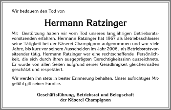 Traueranzeige von Hermann Ratzinger von Allgäuer Zeitung,Kempten