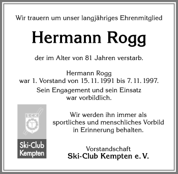 Traueranzeige von Hermann Rogg von Allgäuer Zeitung,Kempten