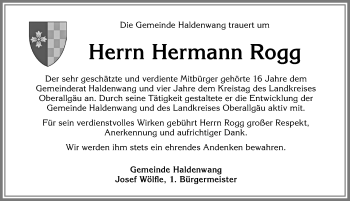 Traueranzeige von Hermann Rogg von Allgäuer Zeitung,Kempten