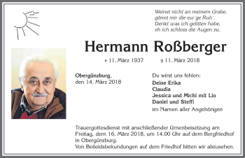 Traueranzeige von Hermann Roßberger von Allgäuer Zeitung, Marktoberdorf