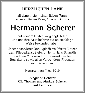 Traueranzeige von Hermann Scherer von Allgäuer Zeitung,Kempten