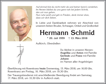 Traueranzeige von Hermann Schmid von Allgäuer Zeitung,Kempten