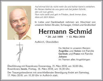 Traueranzeige von Hermann Schmid von Allgäuer Zeitung, Kaufbeuren/Buchloe