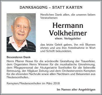 Traueranzeige von Hermann Volkheimer von Allgäuer Zeitung