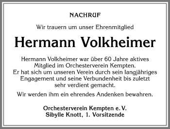 Traueranzeige von Hermann Volkheimer von Allgäuer Zeitung,Kempten