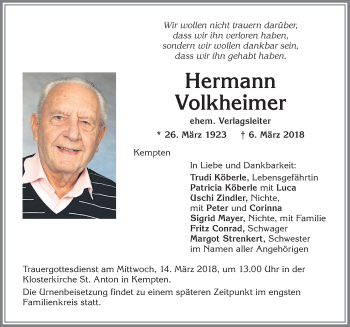 Traueranzeige von Hermann Volkheimer von Allgäuer Zeitung