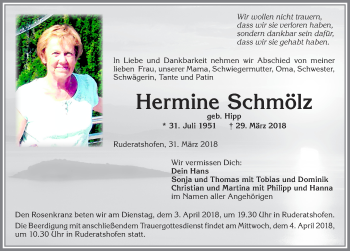 Traueranzeige von Hermine Schmölz von Allgäuer Zeitung, Marktoberdorf