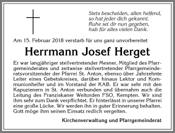 Traueranzeige von Herrmann Josef Herget von Allgäuer Zeitung,Kempten