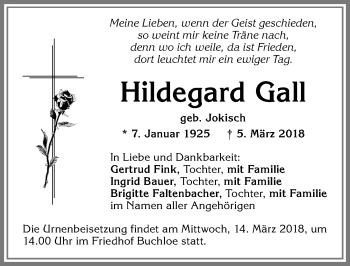 Traueranzeige von Hildegard Gall von Allgäuer Zeitung, Kaufbeuren/Buchloe