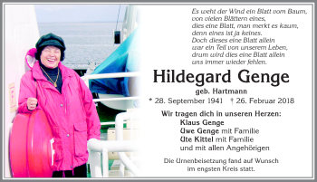 Traueranzeige von Hildegard Genge von Allgäuer Zeitung, Kaufbeuren/Buchloe