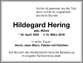 Traueranzeige von Hildegard Hering von Memminger Zeitung