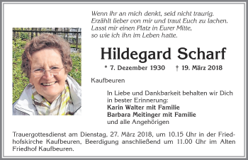 Traueranzeige von Hildegard Scharf von Allgäuer Zeitung, Kaufbeuren/Buchloe