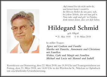 Traueranzeige von Hildegard Schmid von Der Westallgäuer