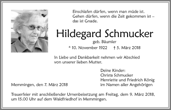 Traueranzeige von Hildegard Schmucker von Memminger Zeitung