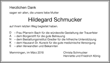Traueranzeige von Hildegard Schmucker von Memminger Zeitung