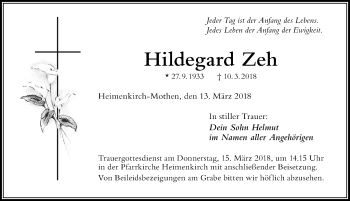Traueranzeige von Hildegard Zeh von Der Westallgäuer
